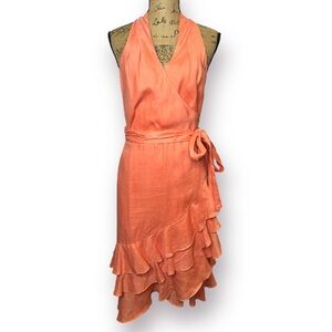 Lauren Ralph Lauren Size 12 Coral Linen Lightweight Cascading Ruffle Wrap Dress